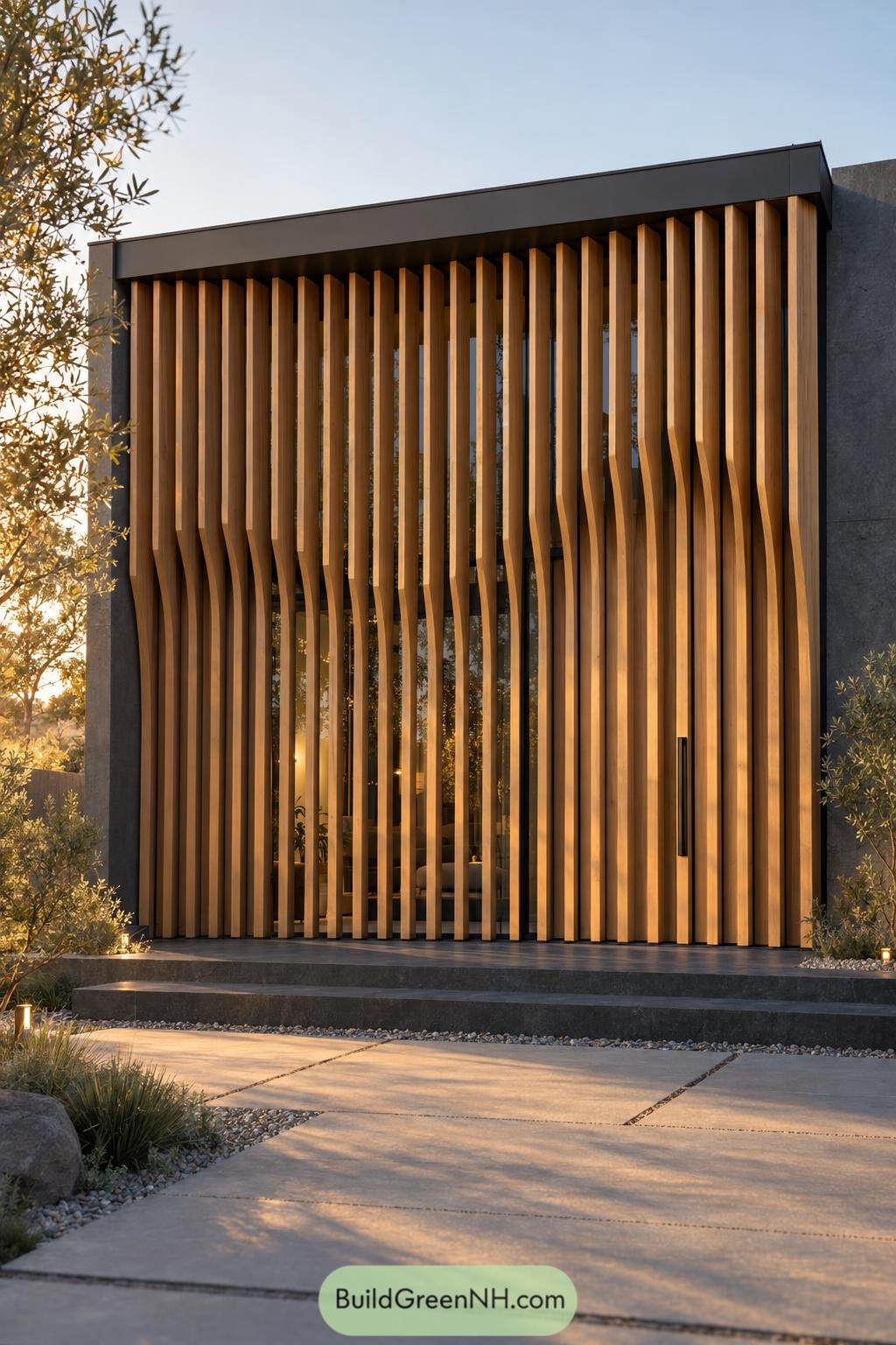 Tall wooden fins with sculpted bends screen a glazed entrance within a dark rectangular frame