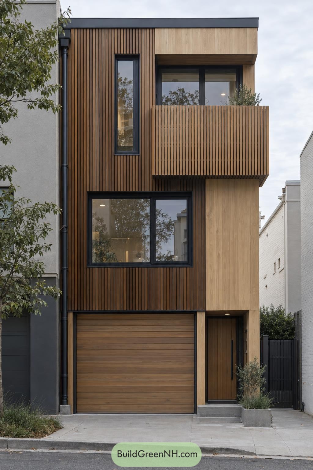 Narrow three storey timber facade with vertical battens, a screened balcony, black window frames and a wooden garage door