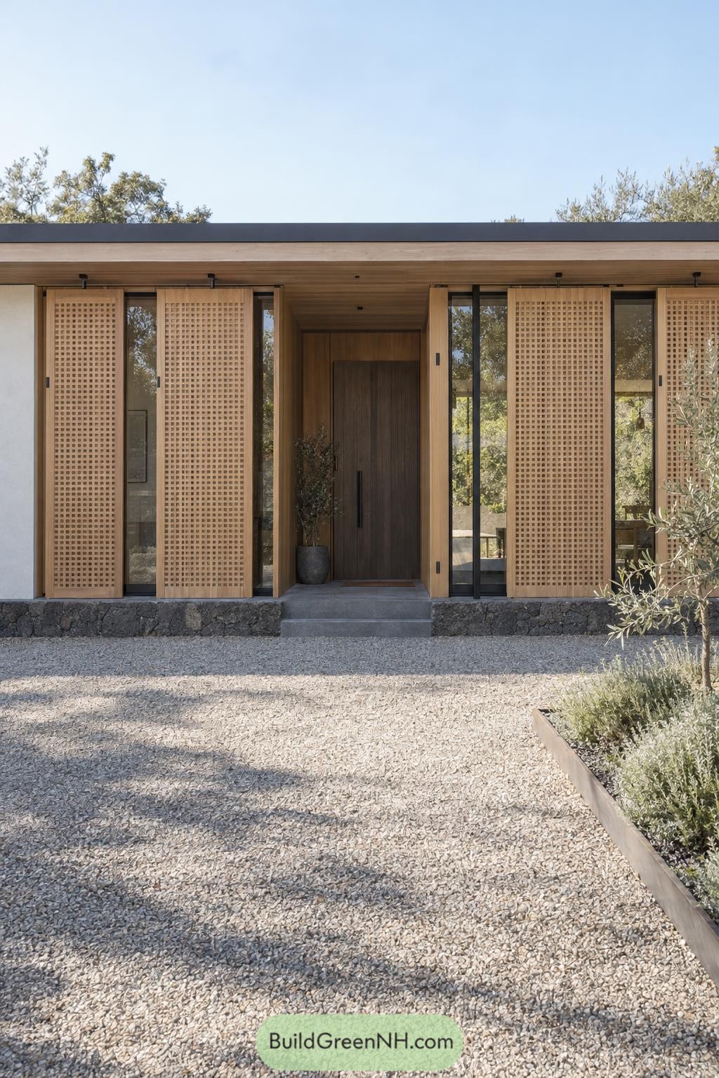Wooden lattice panels flank a recessed front door above a dark stone base and gravel courtyard