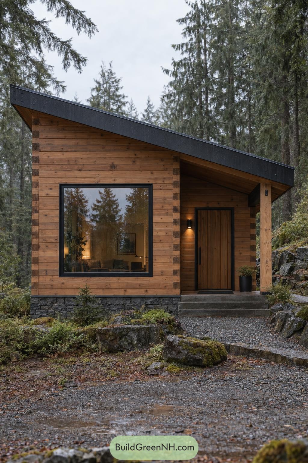 Wooden cabin facade with a sloping roof, large black-framed window, recessed entrance, and stone base in a forest