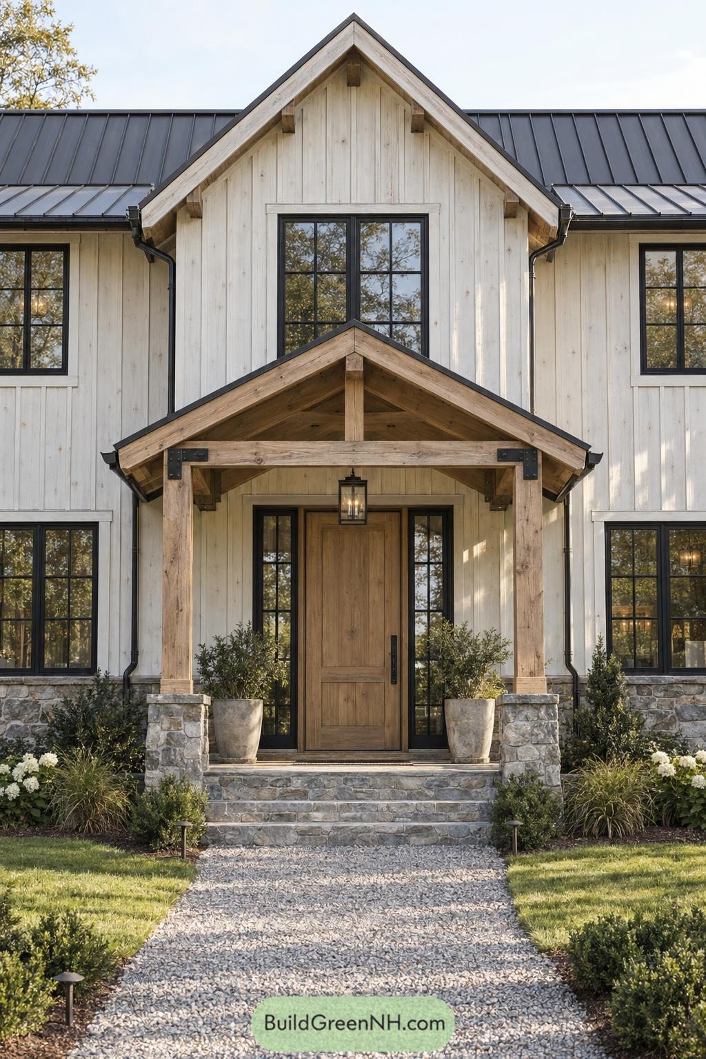 Pale wood farmhouse facade with a timber gabled porch, black framed windows, stone steps, and a central wooden door