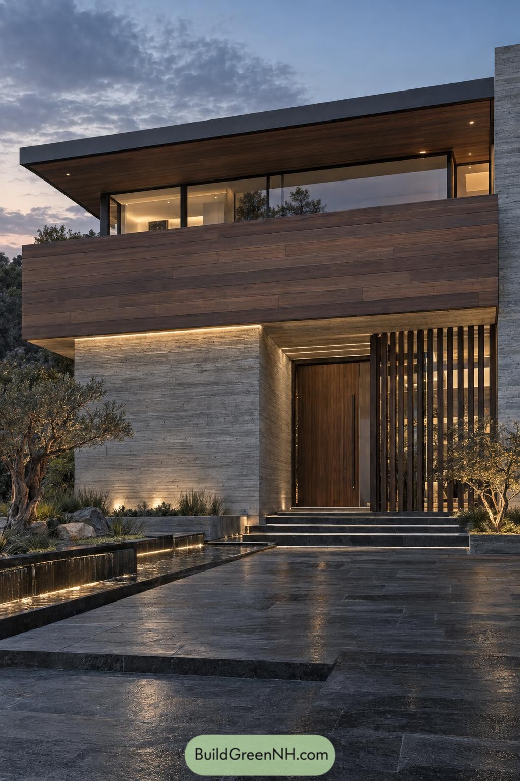Modern wooden facade with textured concrete walls, a slatted entrance screen, broad steps, and a narrow cascading water feature