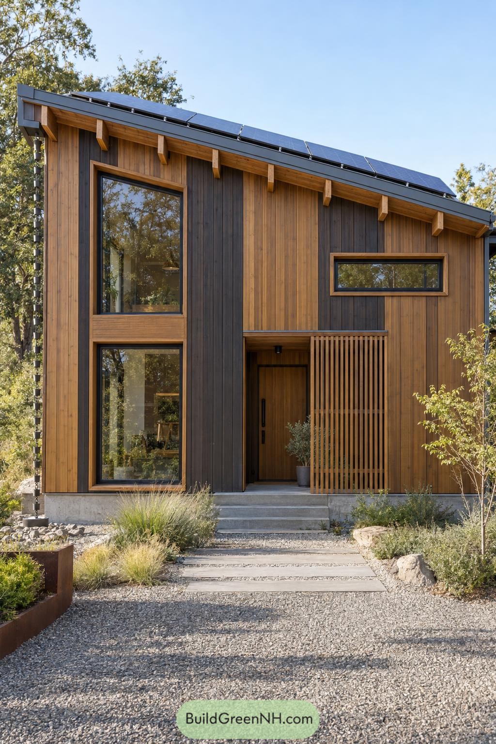 Wooden facade with contrasting vertical boards, stacked windows, a screened entrance, solar panels, and a rain chain