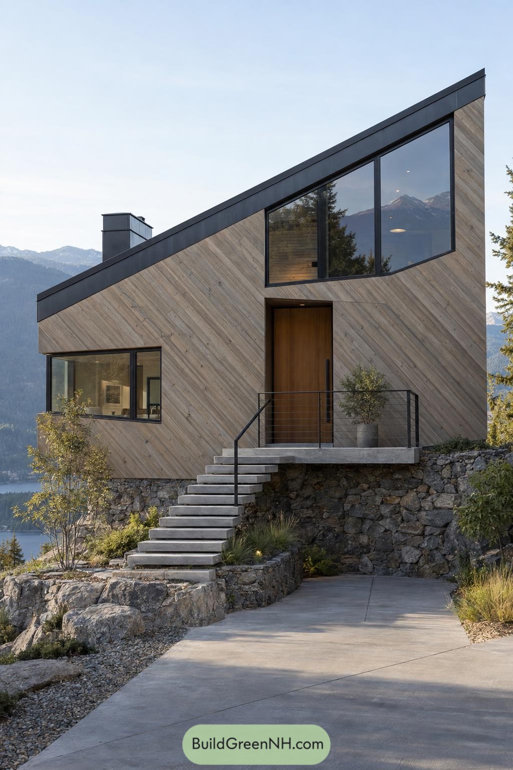 Mountain home with diagonal wood cladding a steep shed roof large windows and concrete entry steps above stone terraces