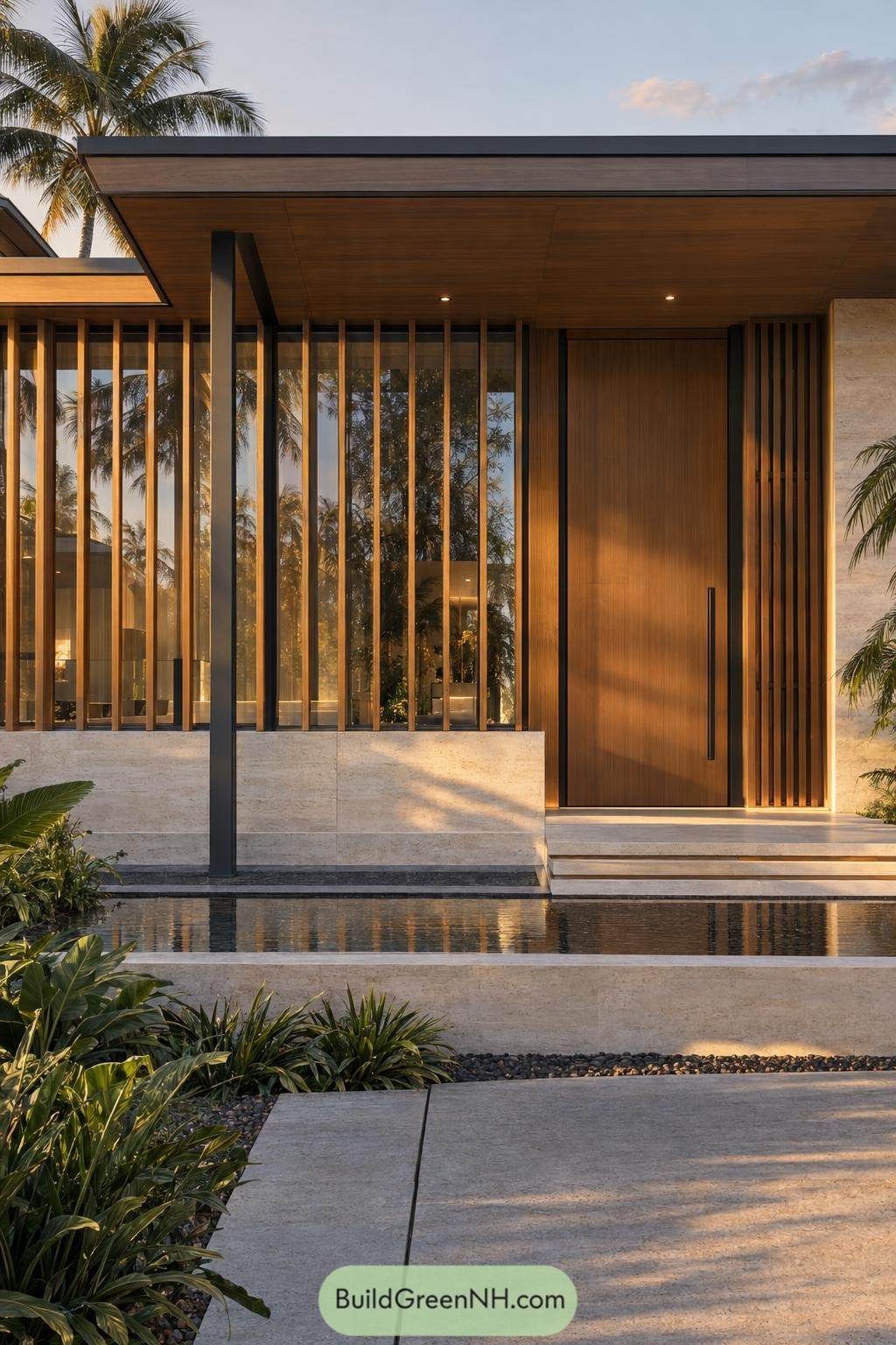 Wooden entrance with vertical fins, tall glazing, pale stone steps and a reflecting pool