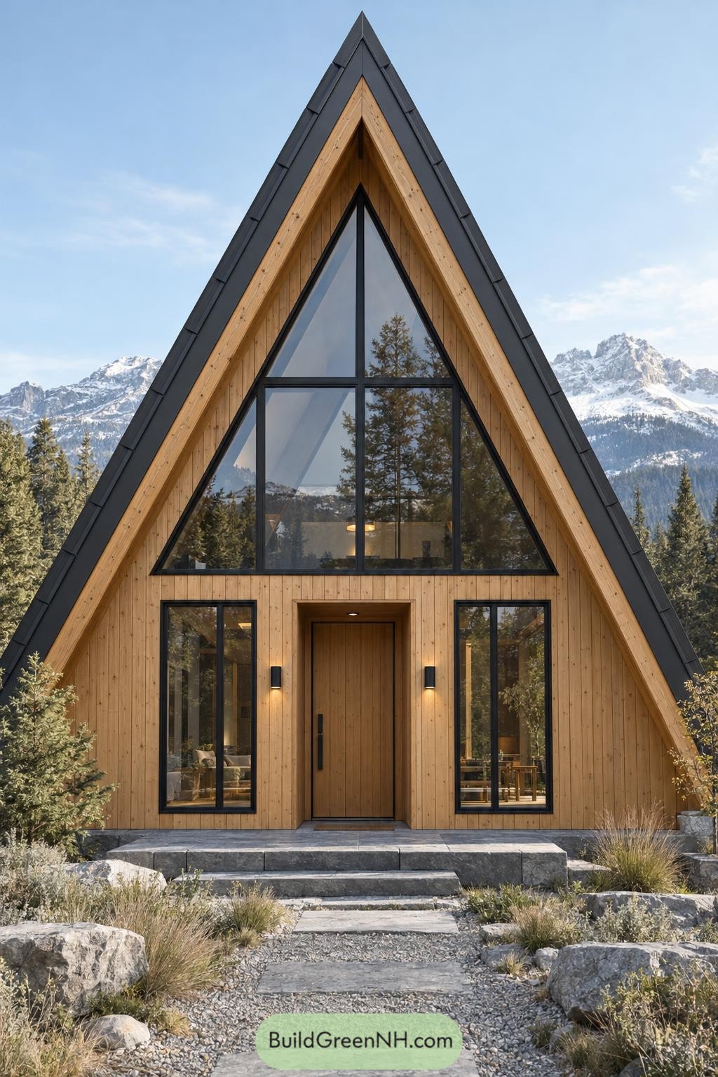 Wooden A-frame facade with triangular glazing, a recessed entrance, black roof edging, and stone steps