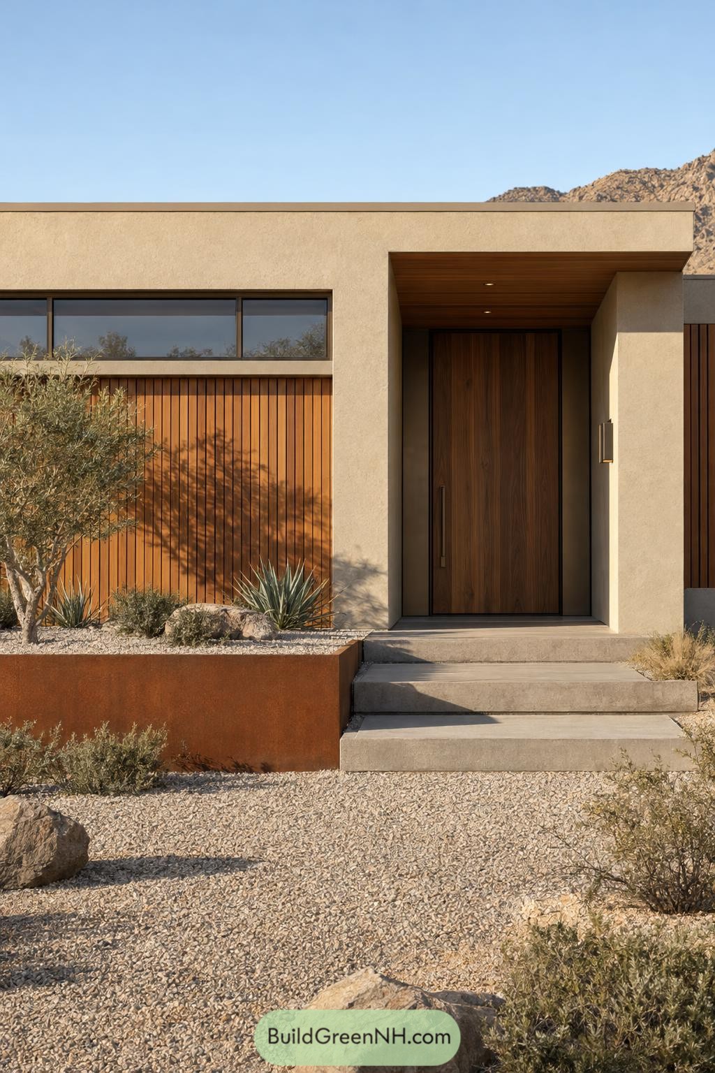 Modern desert facade with vertical wood cladding, a recessed timber entrance, beige stucco and gravel landscaping
