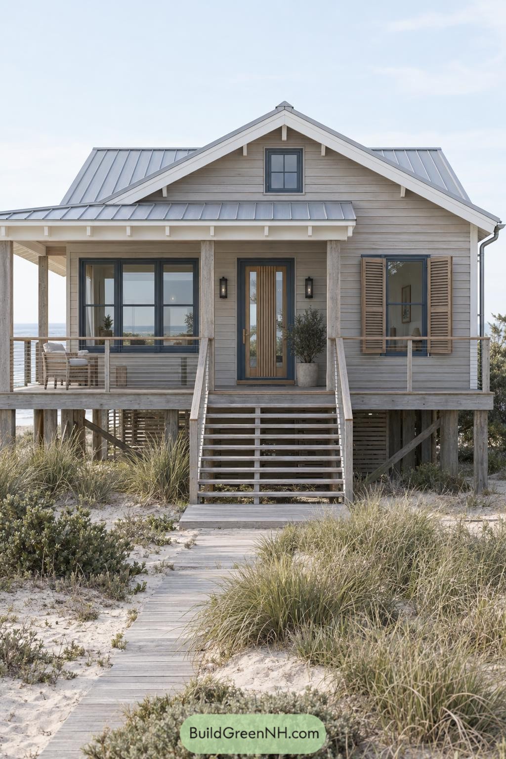 Raised coastal cottage with gray wood siding, timber porch posts, louvered shutters, and a central staircase