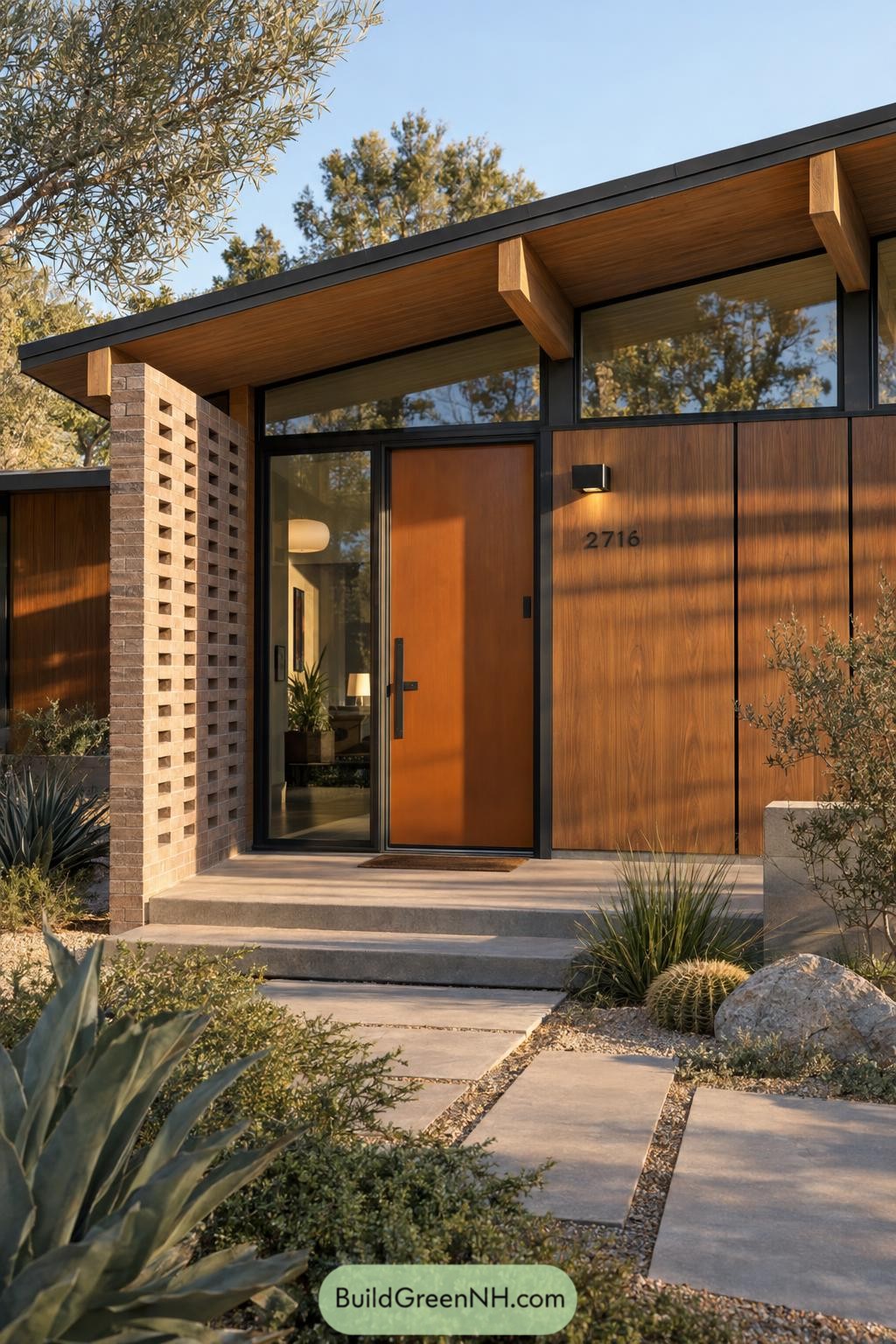 Wooden front facade with a tall entrance door, perforated brick screen, broad roof overhang and cactus garden