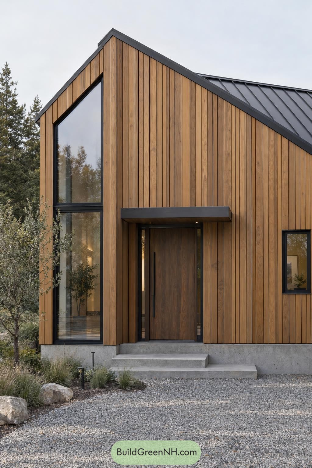 Vertical timber facade with a charcoal metal roof, tall glazing, a sheltered wooden entrance and concrete steps