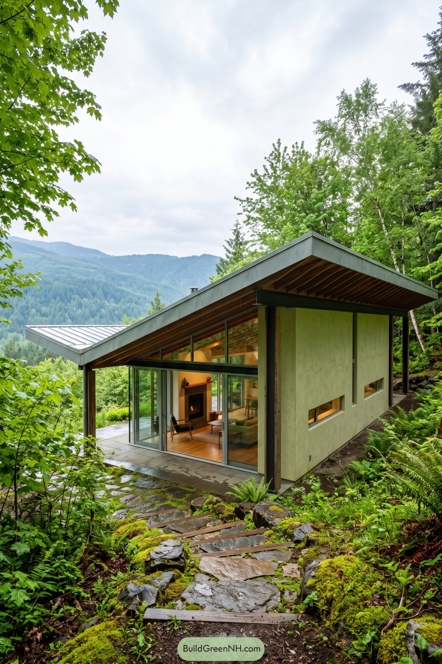 Modern forest house with a broad sloping roof and glass walls