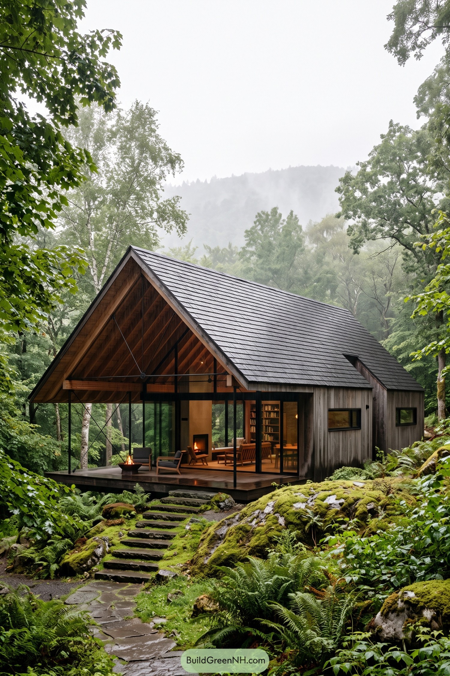 Timber cabin with a steep roof in a misty forest