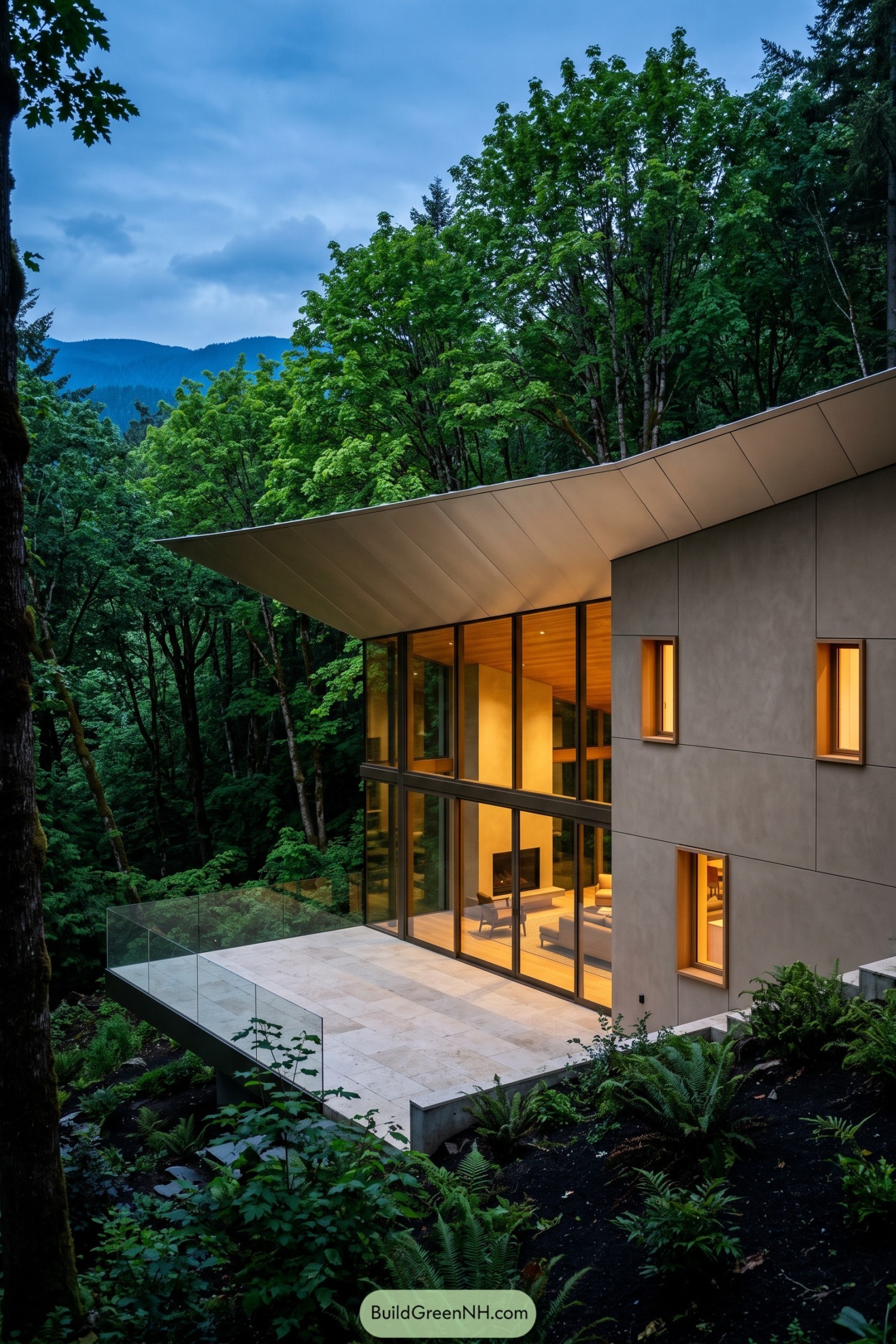 Modern woodland home with broad curved roof and glass walls