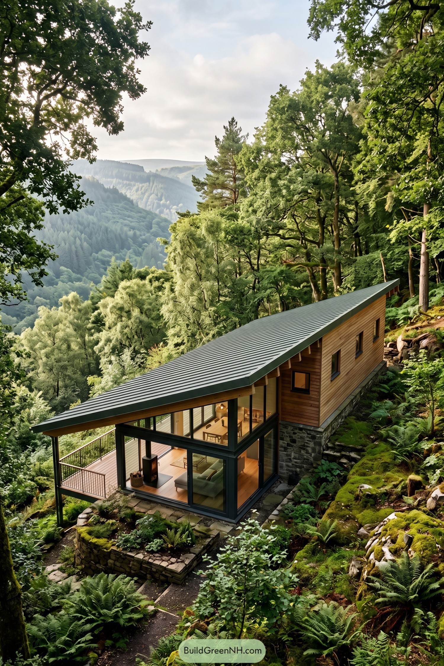 Timber hillside house with sweeping roof and forest views