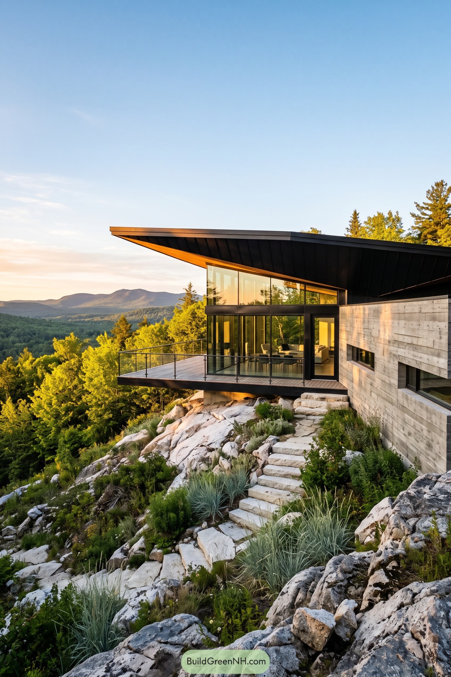 Modern cliffside home with sweeping roof and glass terrace
