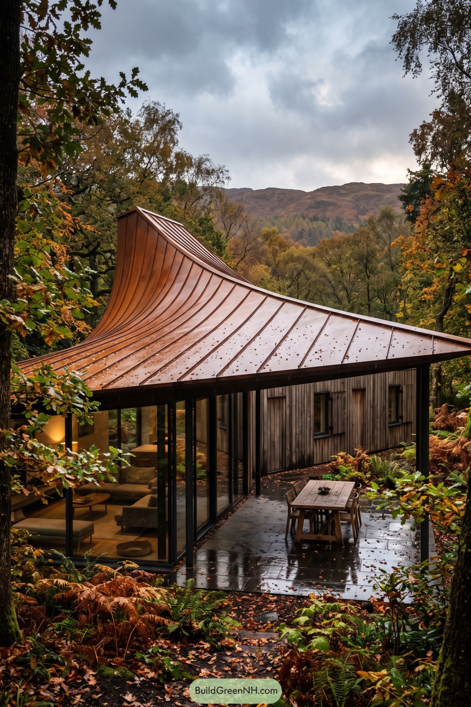 Curved copper roof over a glassy forest home