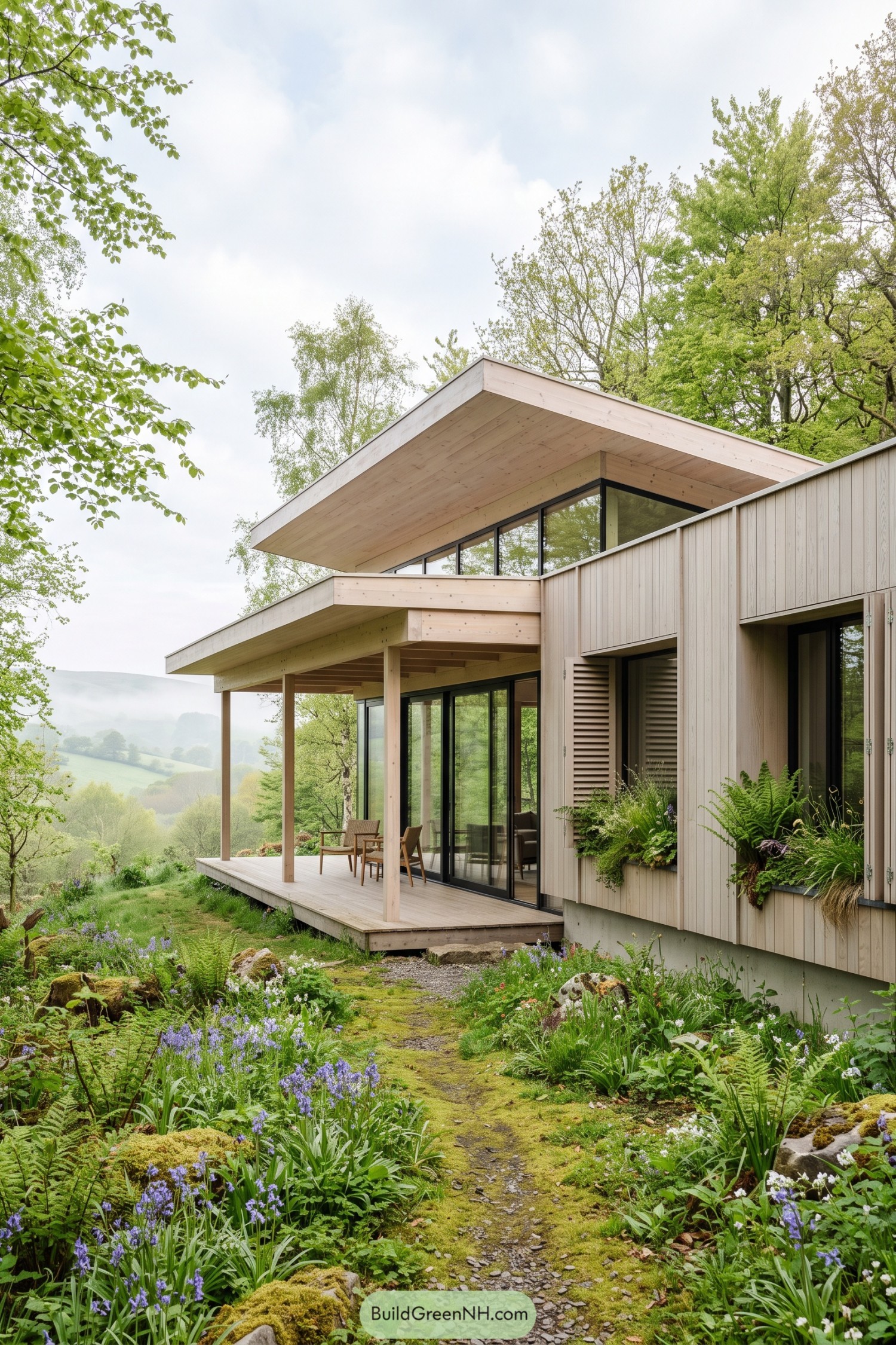 Timber woodland home with broad roof and garden terrace