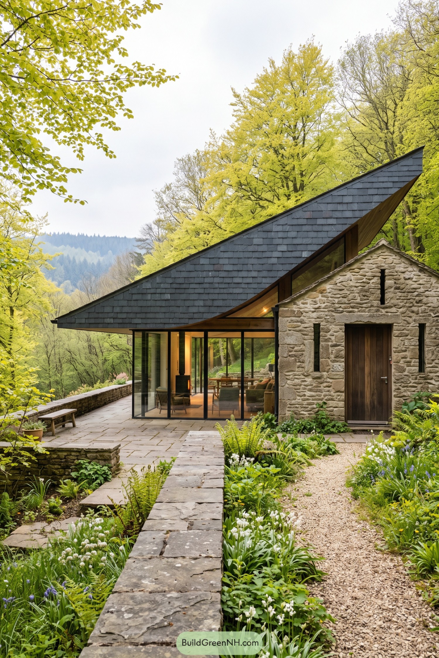 Stone cottage with a sweeping shingle roof and glazed garden room