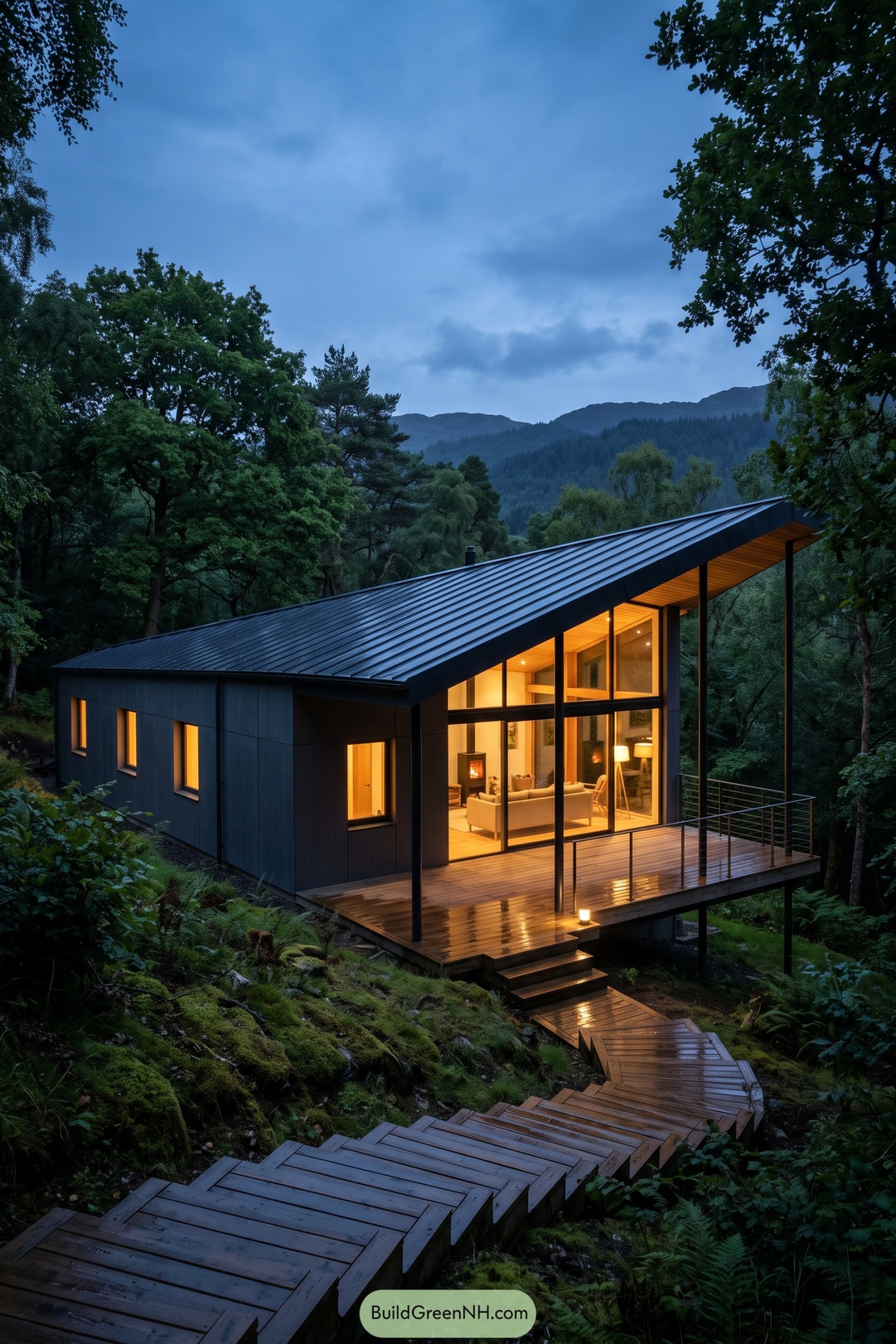 Dark woodland cabin with a sweeping roof and glowing glass corner