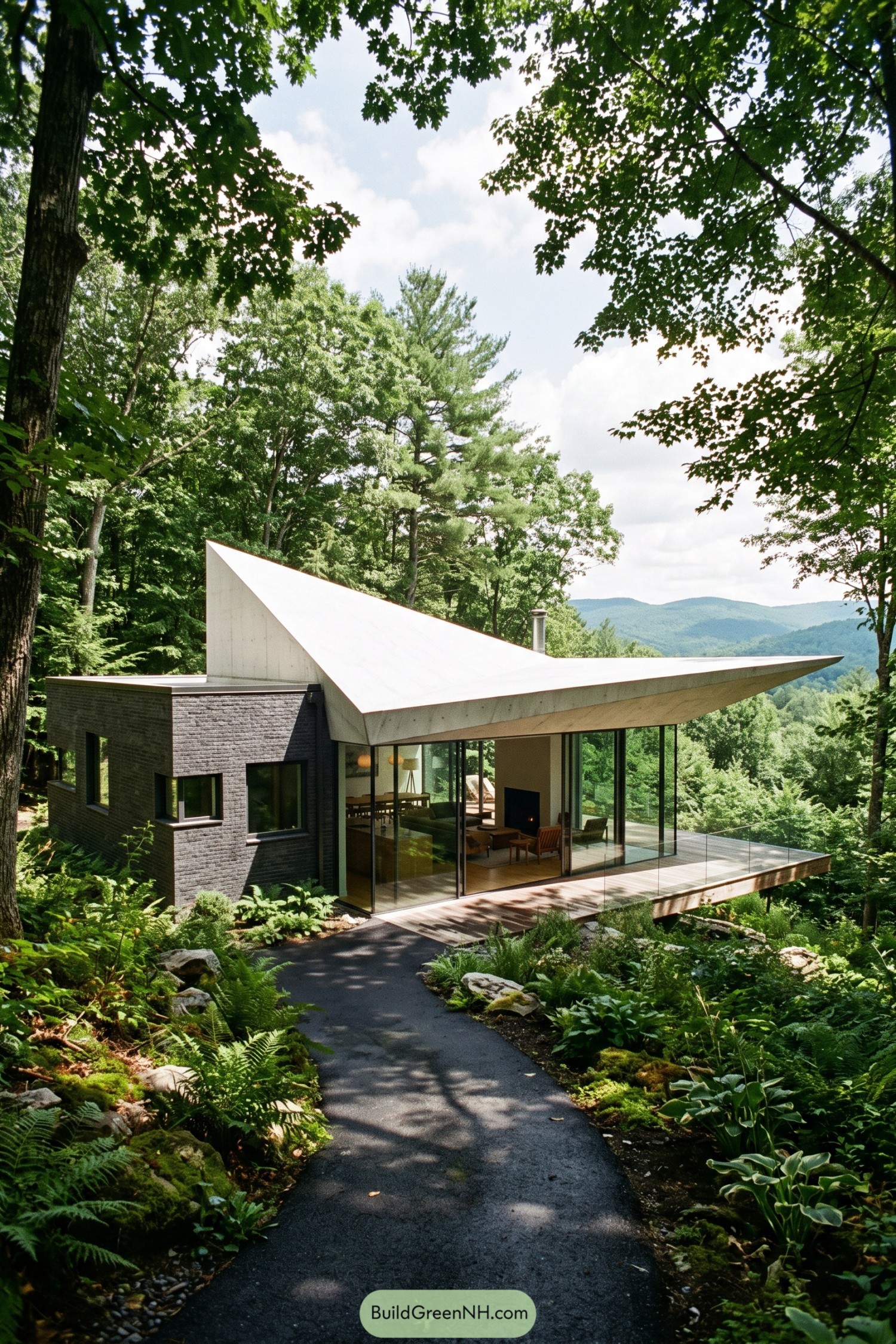 Woodland home with a sharp sweeping roof and glass walls