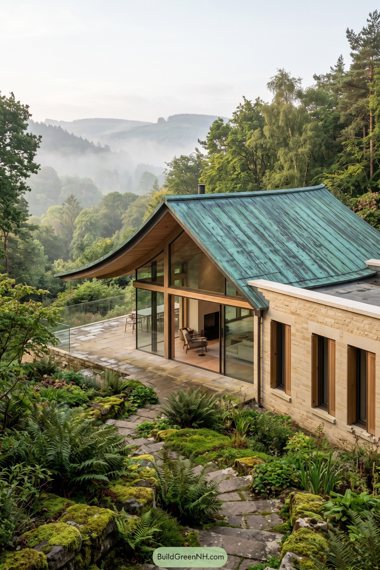 Woodland home with a curved green metal roof