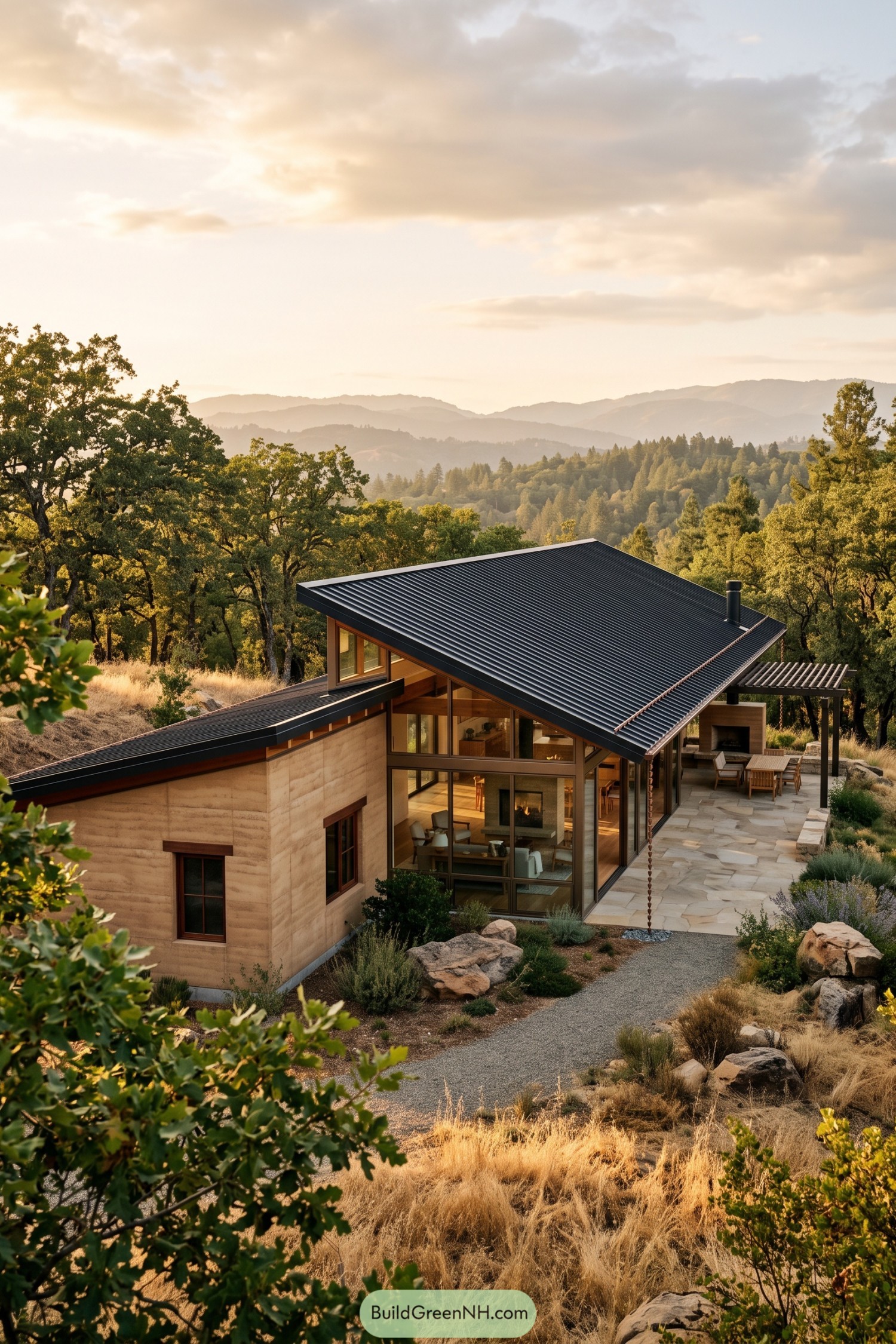 Modern rammed earth house with black sloping roof in oak hills