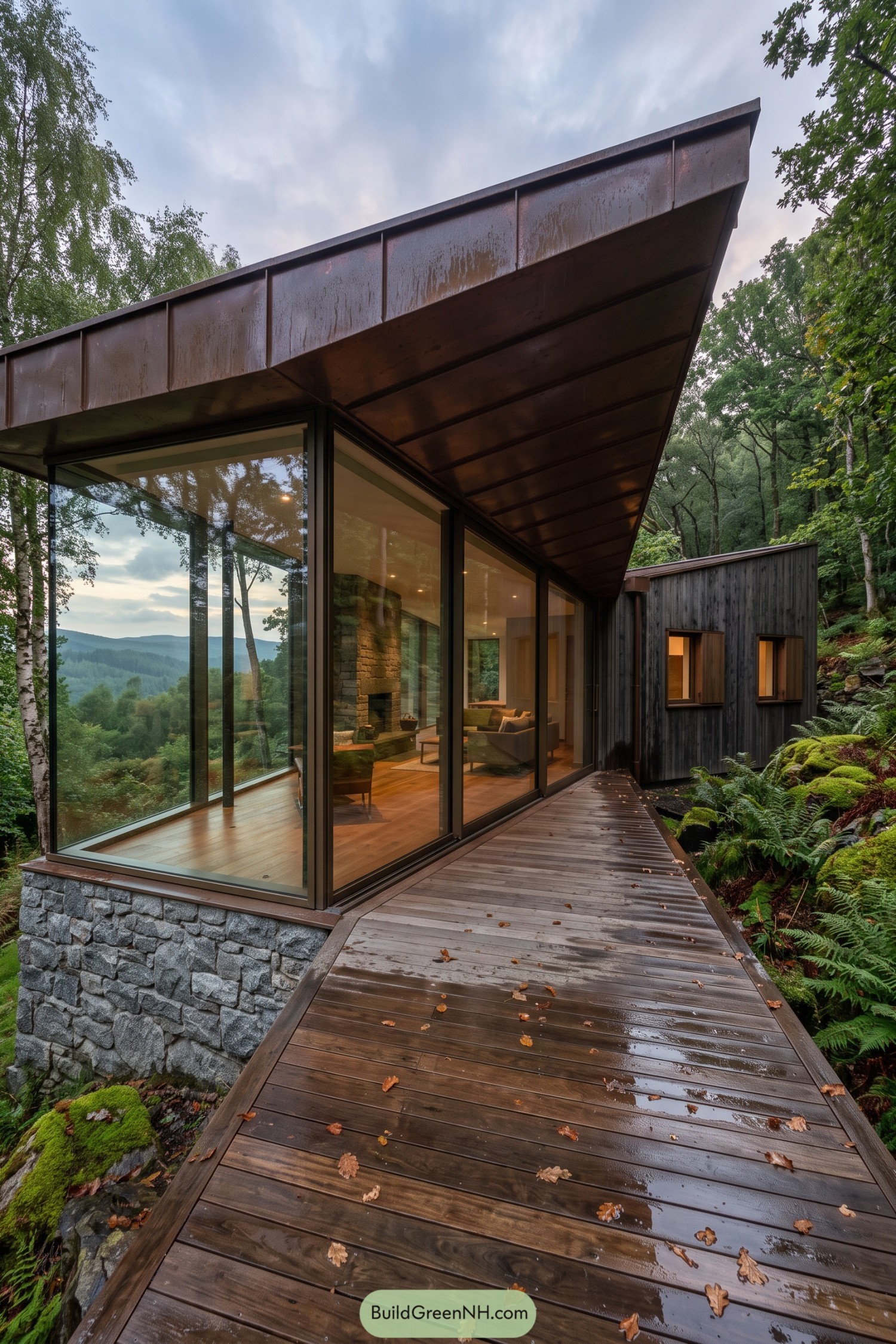 Woodland home with angled roof glass walls and timber deck