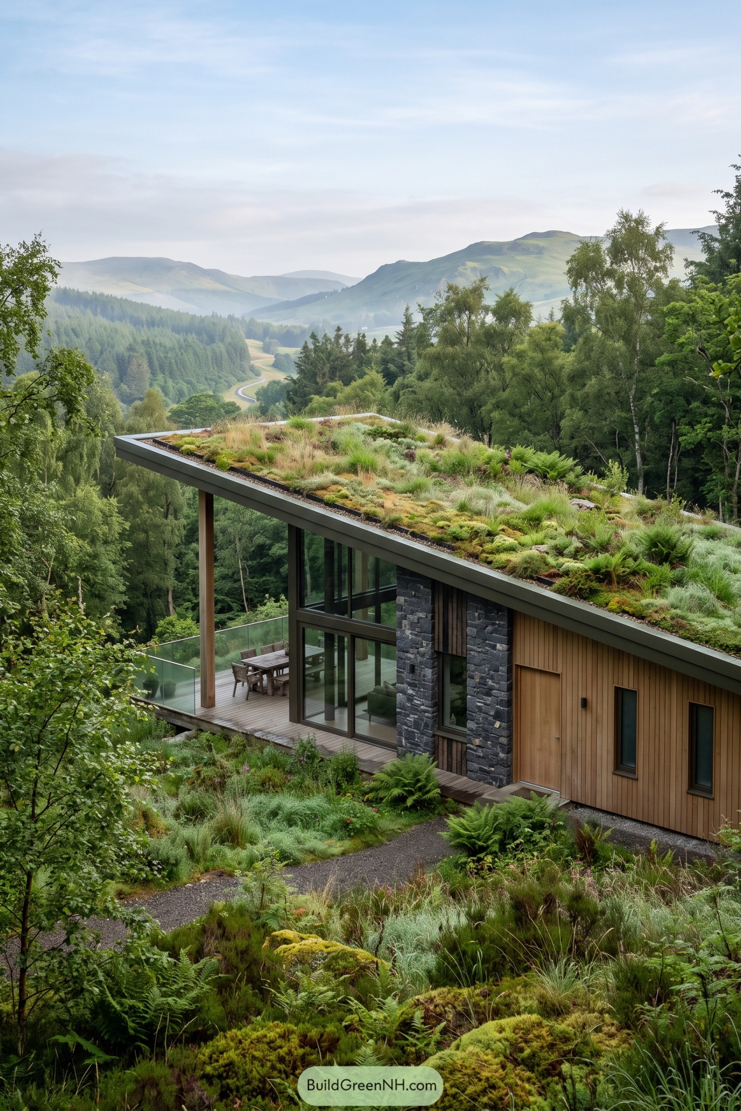 Modern hillside home with a planted sweeping roof overlooking a forested valley