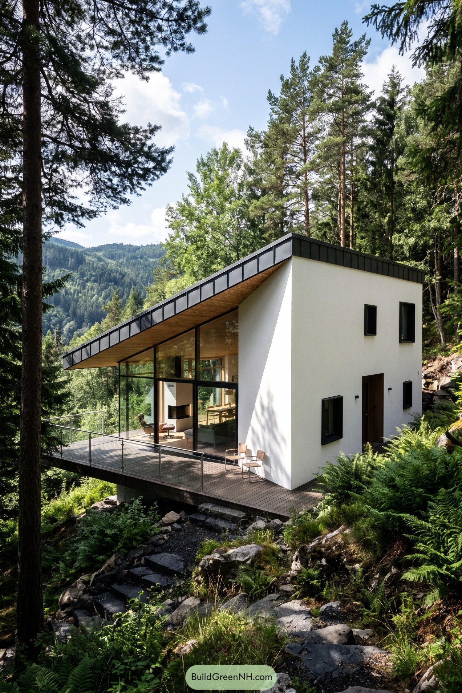 Modern woodland home with a sloping roof and glass facade
