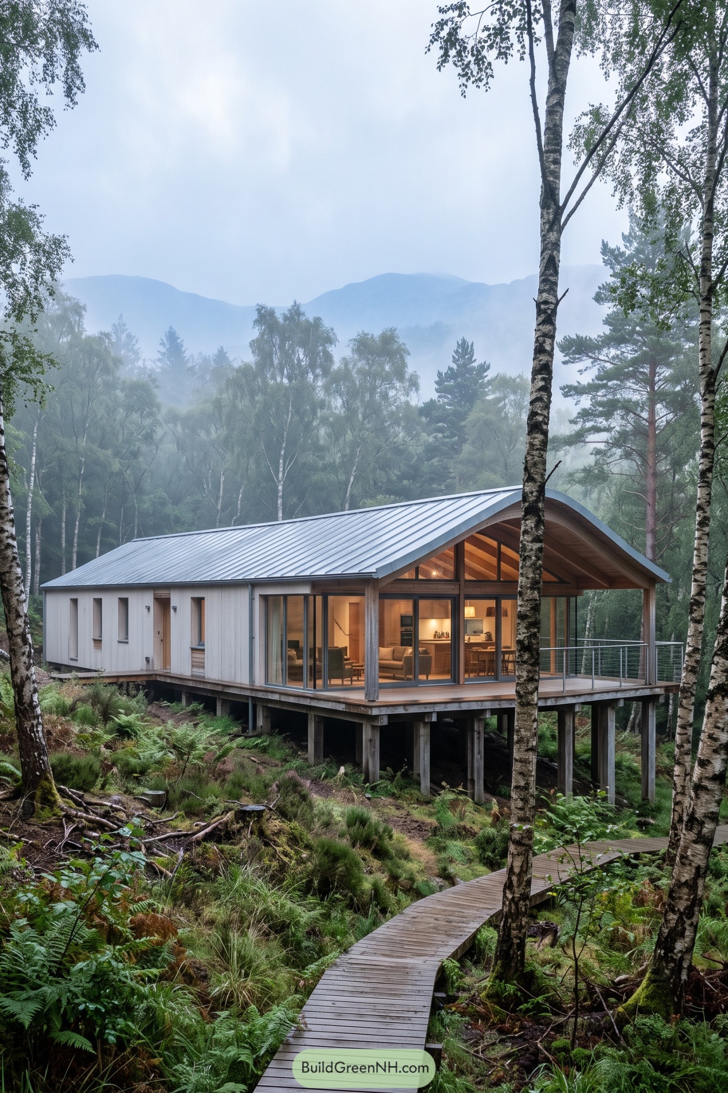 Elevated woodland house with curved metal roof