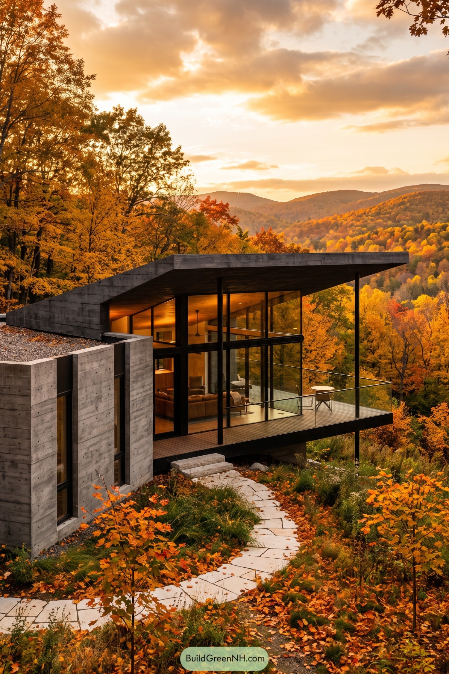 Concrete and glass hillside home beneath a sweeping roof