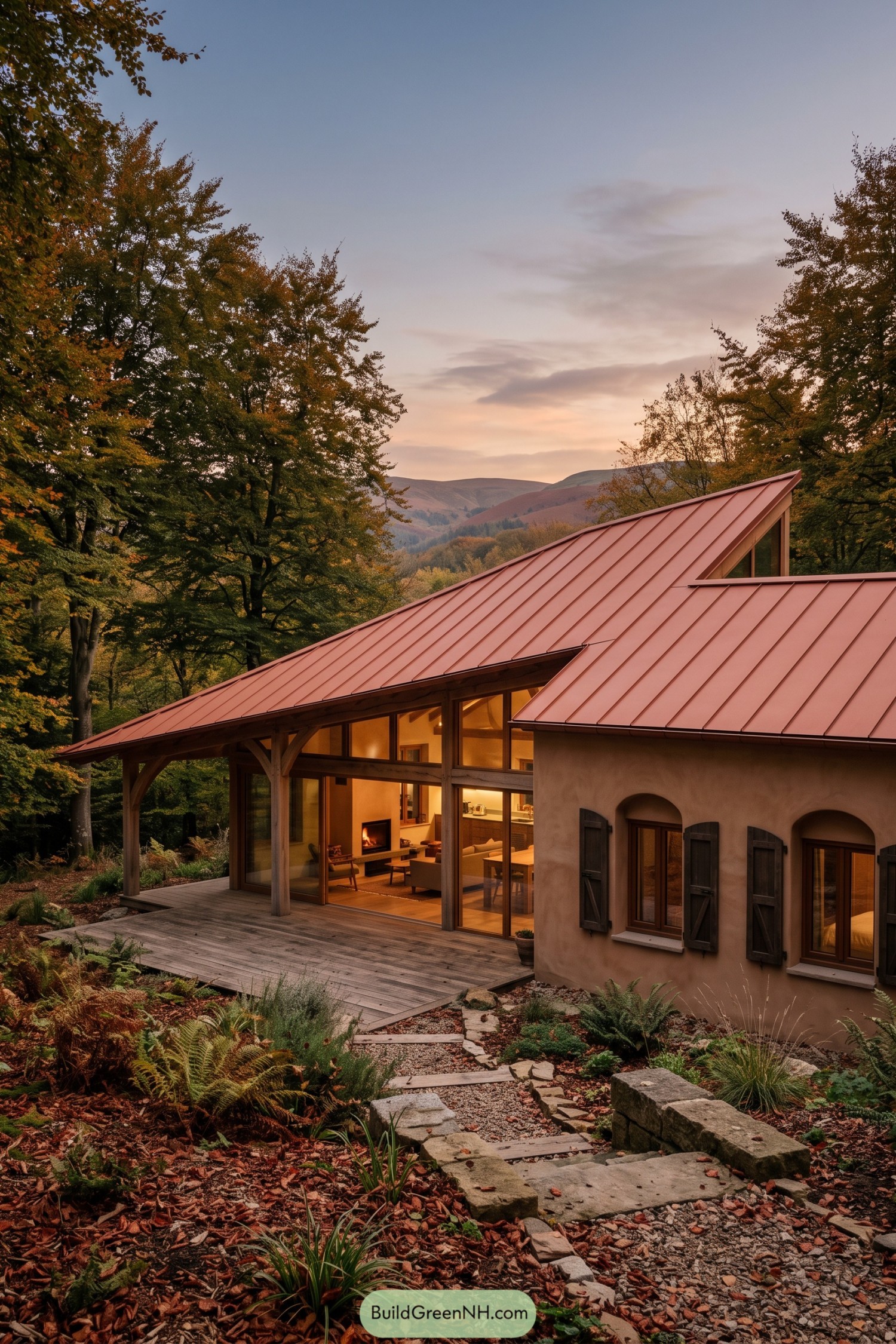 Woodland home with a copper roof and timber porch at sunset