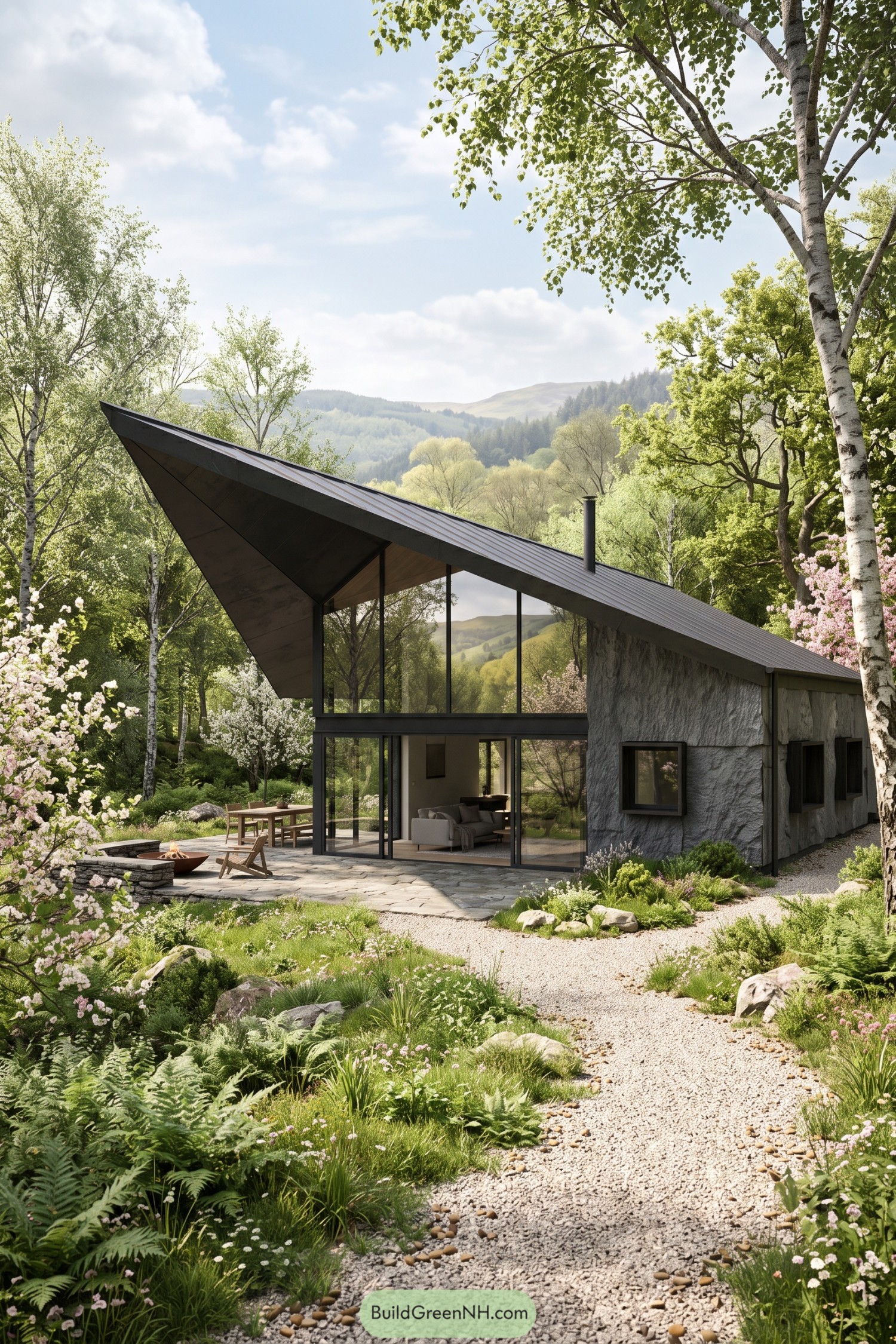 Woodland home with a soaring angled roof